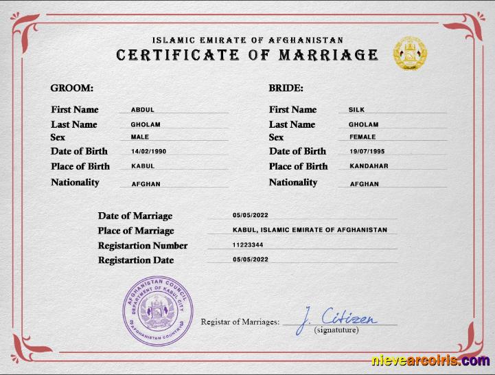 Afghanistan marriage certificate